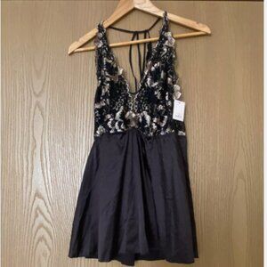 New w/ Tags!Auden Black Satin Lace Lingerie Chemise Mini Slip Dress Women's Sz L